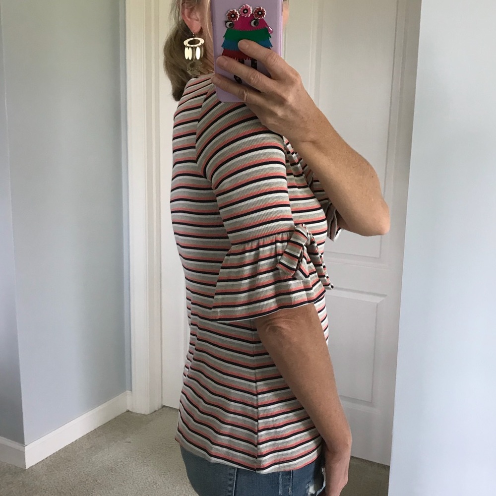 Striped Short Bell Tie Sleeve Top - Picture 4 of 7